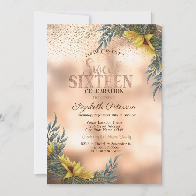 Invitation Elégant Confetti en or, Sunflower Sweet 16 (Devant)