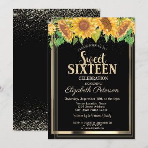Invitation Elégant Confetti Gold Frame Sunflowers Sweet 16