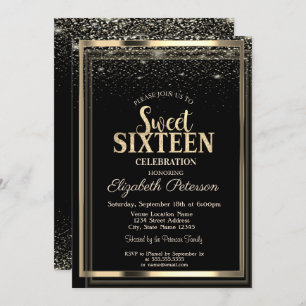 Invitation Élégant Confetti Gold Frame Sweet 16