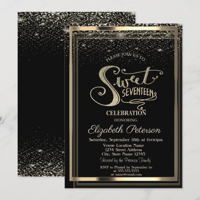 Invitation Elégant Confetti Gold Frame Sweet 17 Anniversaire (Devant / Derrière)
