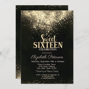 Invitation Elégant Confetti Or, Black Sweet 16