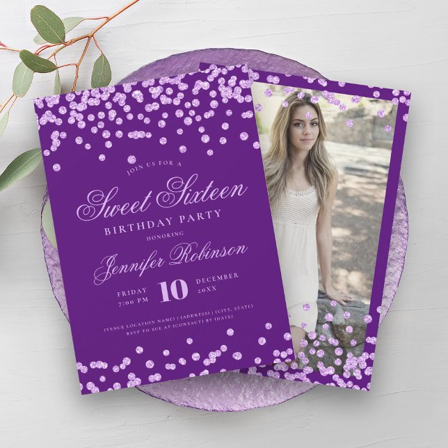 Invitation Élégant Confetti violet photo Sweet 16 (Elegant Purple Confetti Photo Sweet 16 Invitation)