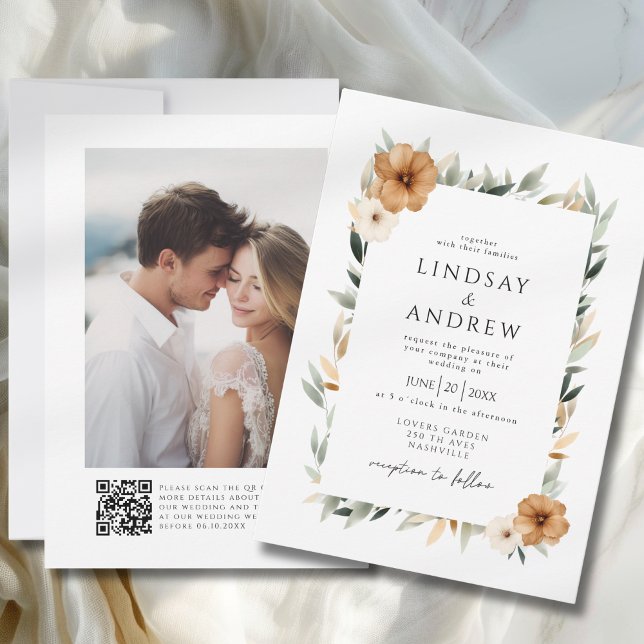 Invitation Elegant Copper & Earthy Botanical Photo Wedding (Elegant Copper & Earthy Botanical Photo & QR Code Wedding Invitation)