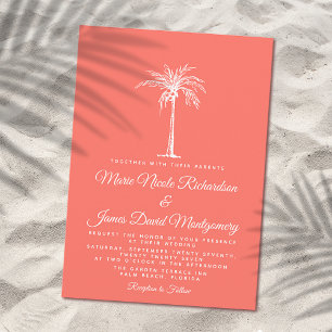 Invitation Elégant Corail Blanc Palmier Formal Beach Mariage