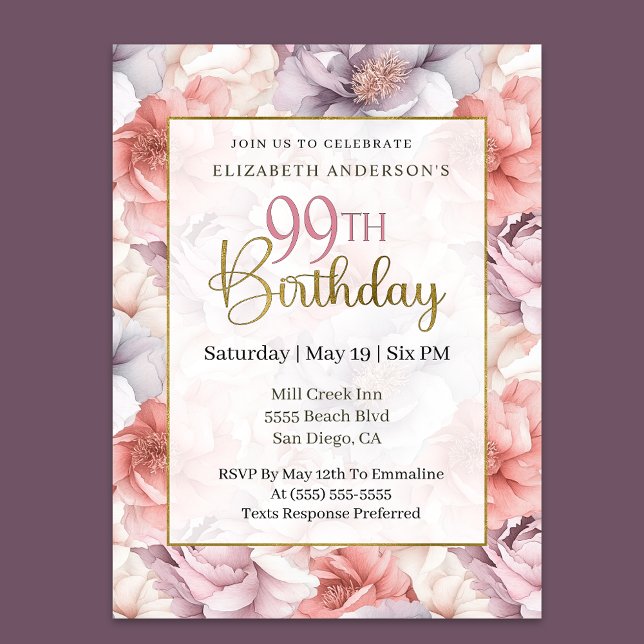 Invitation Elegant Coral and Lavender Peony 99th Birthday  (Créateur téléchargé)