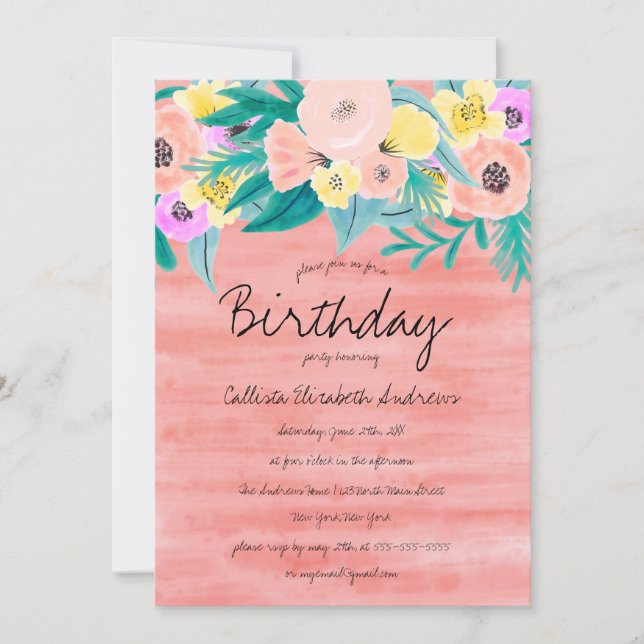 Invitation Elégant Coral Jaune Aquarelle Florale Anniversaire (Devant)