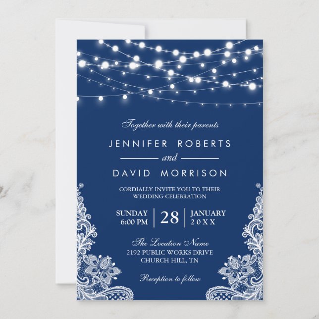 Invitation Élégant cordon lumineux blanc dentelle marine bleu (Devant)