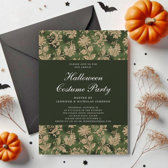 Invitation Élégant costume d'Halloween gothique vert Damas (Elegant Gothic Green Damask Halloween Costume Invitation)