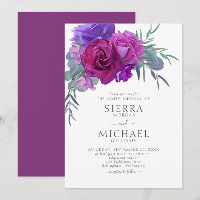 Invitation Elégant couleur violet Mariage botanique fleuri (Devant / Derrière)