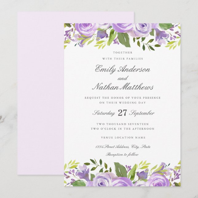 Invitation Elégant couleur violet Mariage floral (Devant / Derrière)