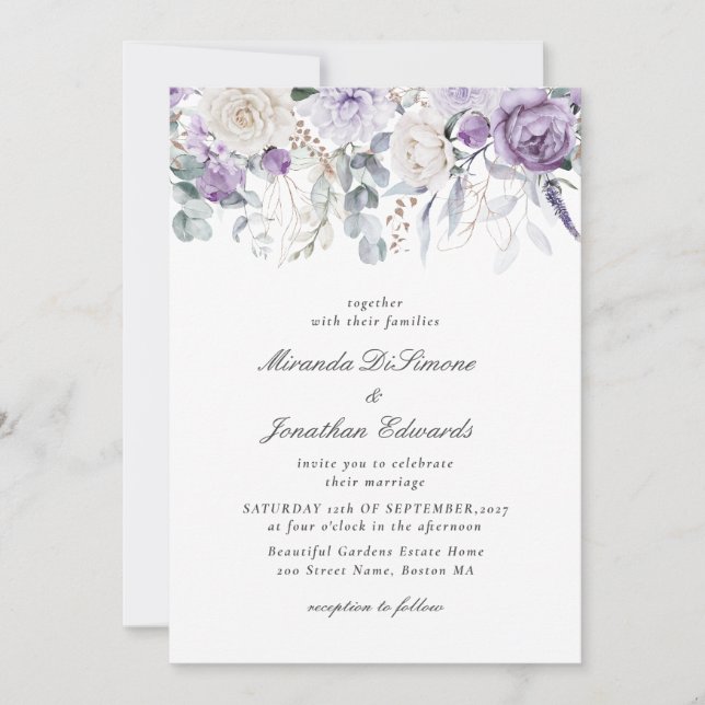 Invitation Elégant couleur violet Mariage floral (Devant)