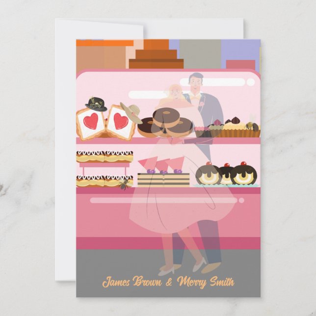 Invitation Élégant couple de ville dans Love Cakes Mariage (Devant)