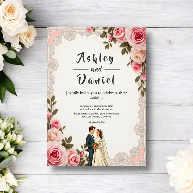 Invitation Élégant Couple rose pâle Mariage Floral été (Créateur téléchargé)