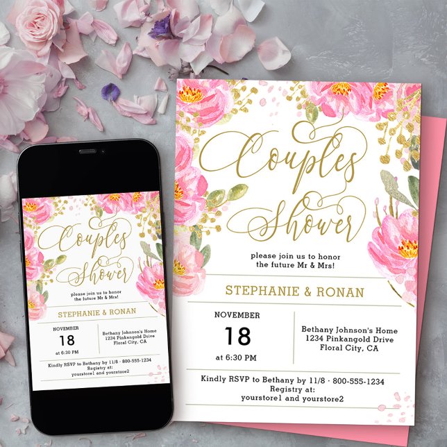 Invitation Elégant Couples Floral Rose et Or Douche (Couples Shower invitation from my Pink and Gold Watercolor Floral Collection
)
