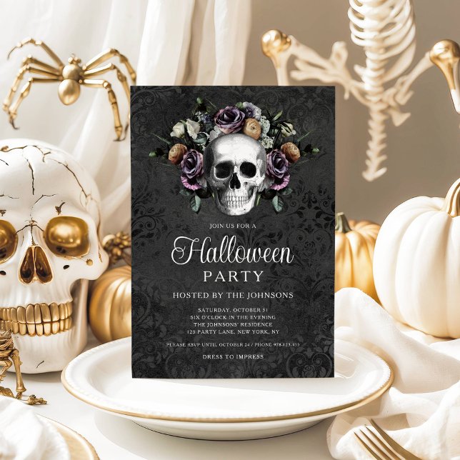 Invitation Elégant crâne floral gothique noir Halloween (Elegant Black Gothic Floral Skull Halloween Invitation
)