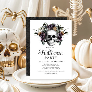 Invitation Elégant crâne floral gothique noir Halloween