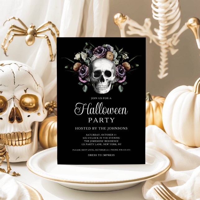 Invitation Elégant crâne gothique floral Halloween (Elegant Gothic Floral Skull Halloween Invitation)