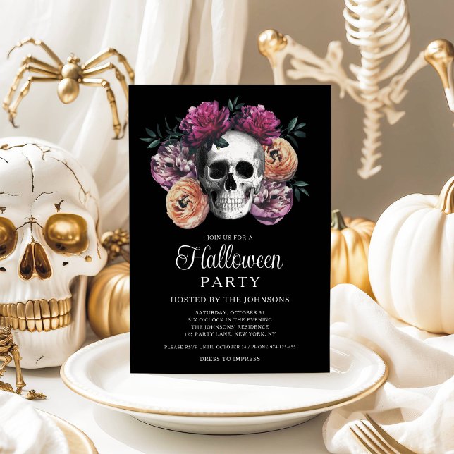 Invitation Elégant crâne gothique floral Halloween (Elegant Gothic Floral Skull Halloween Invitation)