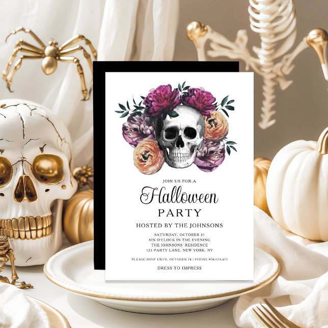 Invitation Elégant crâne gothique floral Halloween (Elegant Gothic Floral Skull Halloween Invitation)
