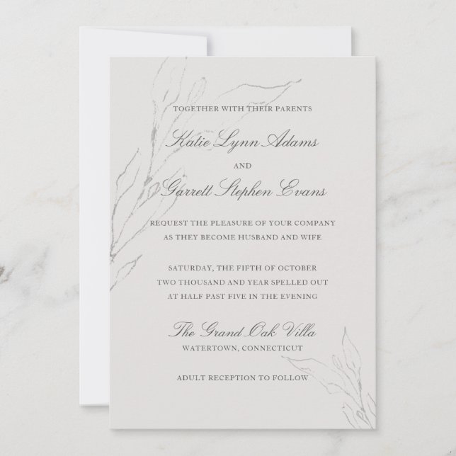 Invitation Élégant crayon gris Mariage Feuille esquissé (Devant)