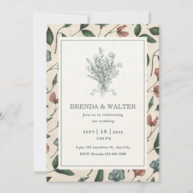 Invitation Elegant Cream Rustic Wildflower Sketch Wedding  (Devant)