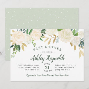 Invitation Elégant Crème Or Floral Baby shower de verdure