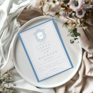 Invitation Elégant crête bleu Dusty Monogram Mariage Invitat