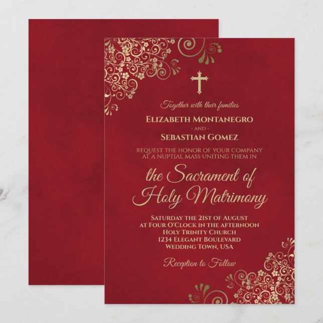 Invitation Élégant Crimson Rouge & Or Mariage catholique mode (Devant / Derrière)