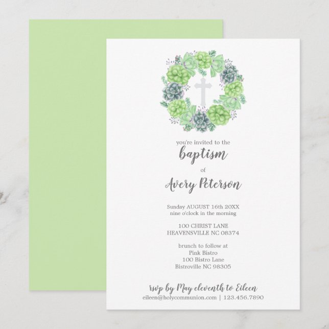 Invitation Élégant Croissant Baptême Succulent Religieux (Devant / Derrière)