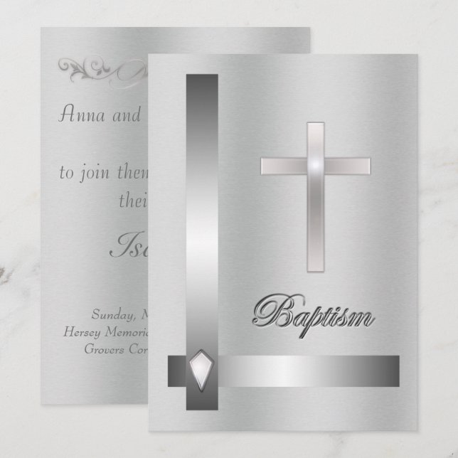 Invitation Élégant croix d'argent Baptême sur arrière - plan  (Devant / Derrière)