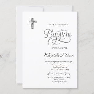 Invitation Élégant croix d'argent minimaliste Baptême