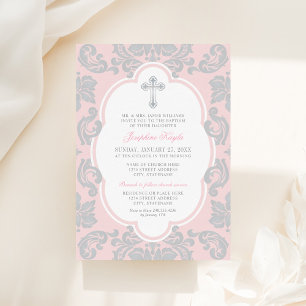 Invitation Elégant croix d'argent rose Damas bébé fille Baptê