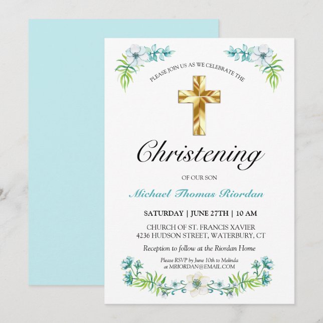 Invitation Elégant croix d'or Bleu floral Christening garçon (Devant / Derrière)