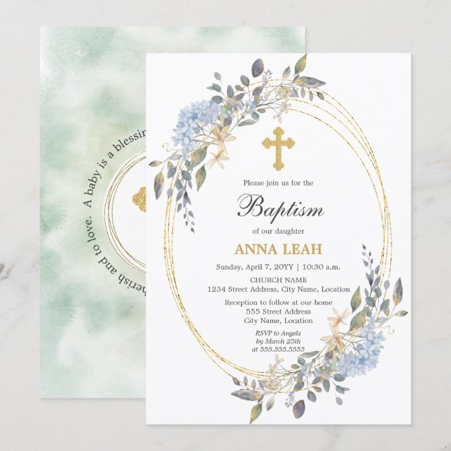 Invitation Élégant croix d'or floral Baptême (Devant / Derrière)