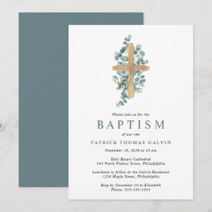 Invitation Élégant Croix Eucalyptus Vert Baptême