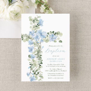 Invitation Élégant Croix Florale Bleue Baptême Garçon