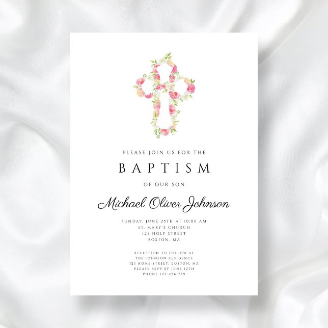 Invitation Élégant croix florale rose Baptême (Elegant Floral Pink Cross Baptism Invitation)
