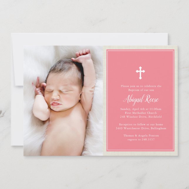 Invitation Élégant croix rose photo Baptême Christening (Devant)