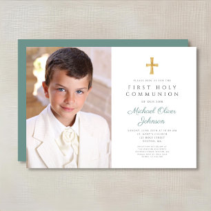 Invitation Elégant Croix Verte Photo Boy First Communion
