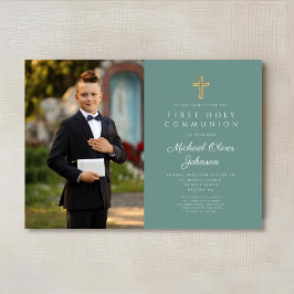 Invitation Elégant Croix Verte Photo Boy First Communion