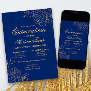 Invitation Elégant croquis Royal Blue Gold Quinceanera Floral