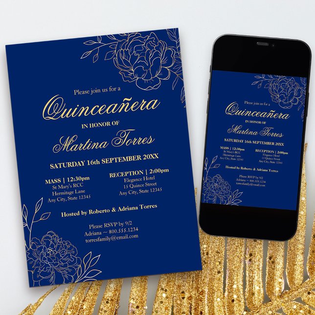 Invitation Elégant croquis Royal Blue Gold Quinceanera Floral (Blue & Gold Quinceanera Invitation with church ceremony, from my Gold Sketched Floral collection)
