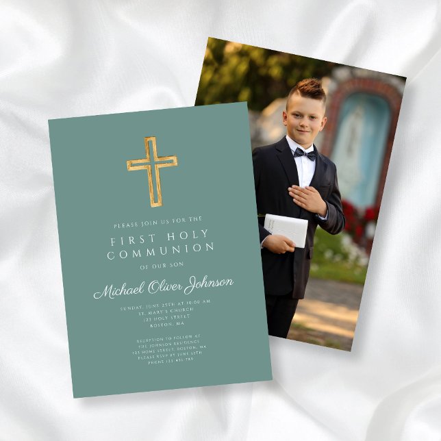 Invitation Elegant Cross Photo Boy First Communion (Elegant Cross Photo Boy First Communion Invitation)