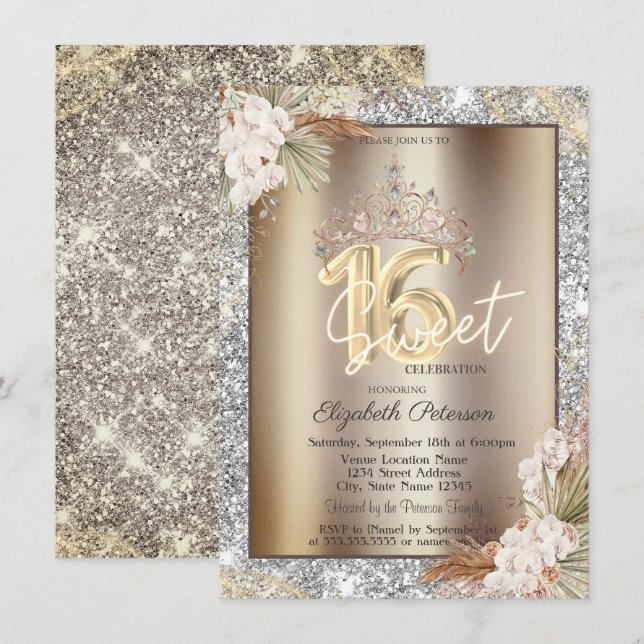 Invitation Elegant Crown Flowers Sparkle Glitter Sweet 16   (Devant / Derrière)
