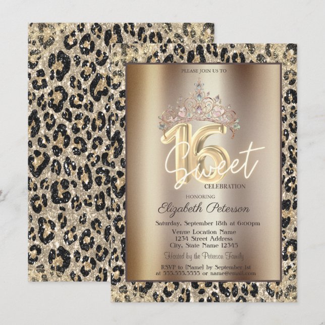 Invitation Elegant Crown Leopard Print Sweet 16   (Devant / Derrière)