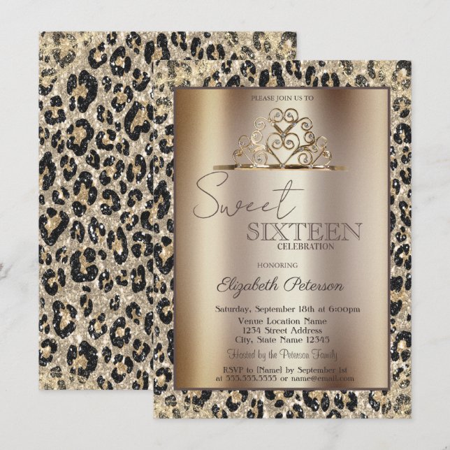 Invitation Elegant Crown Leopard Print Sweet 16   (Devant / Derrière)
