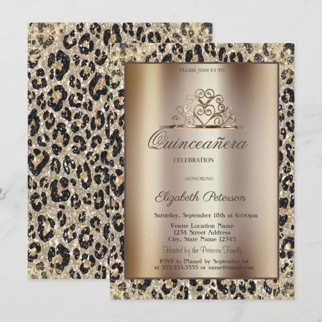 Invitation Elegant Crown Leopard Print Sweet Quinceañera (Devant / Derrière)