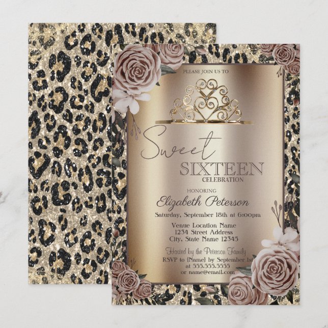 Invitation Elegant Crown Roses Leopard Print Sweet 16   (Devant / Derrière)