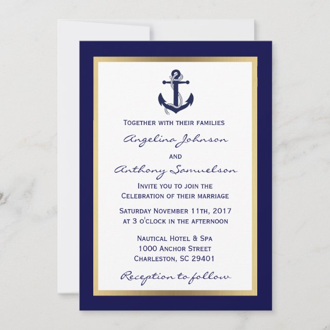 Invitation Elégant Custom Navy Blue Nautical Wedding Invite (Devant)