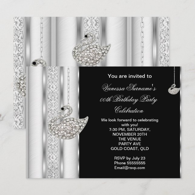 Invitation Elégant cygne diamant blanc argent noir Anniversai (Devant / Derrière)
